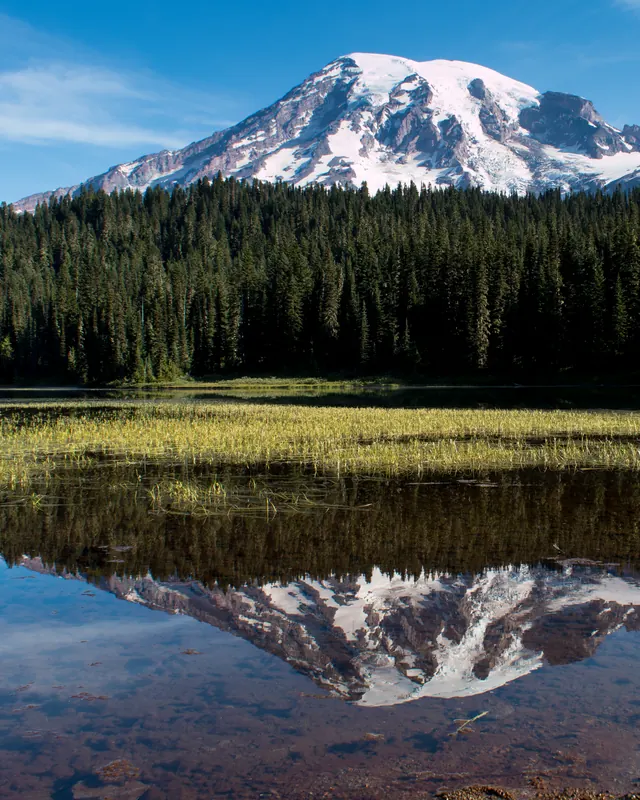 Mount Rainier, white with glaciers, reflected in the still water of Reflection Lakes under a clear sky.