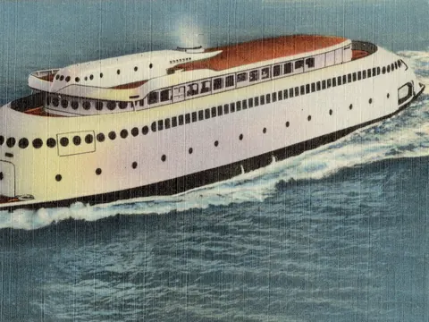 A painted linen postcard of the silver streamlined ferry Kalakala on blue water.